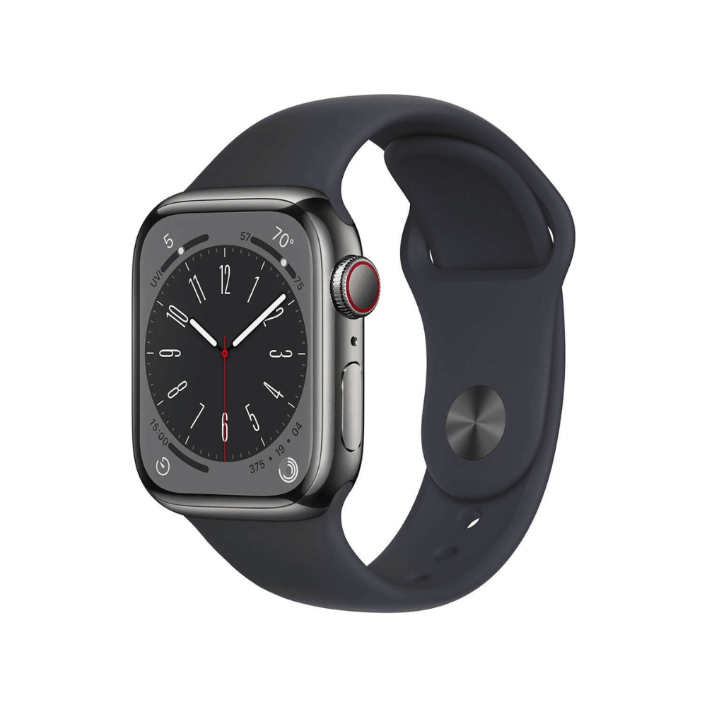 Apple Watch Series 8 (GPS+Cellular, 45mm) - Acero inoxidable Grafito con correa deportiva Medianoche