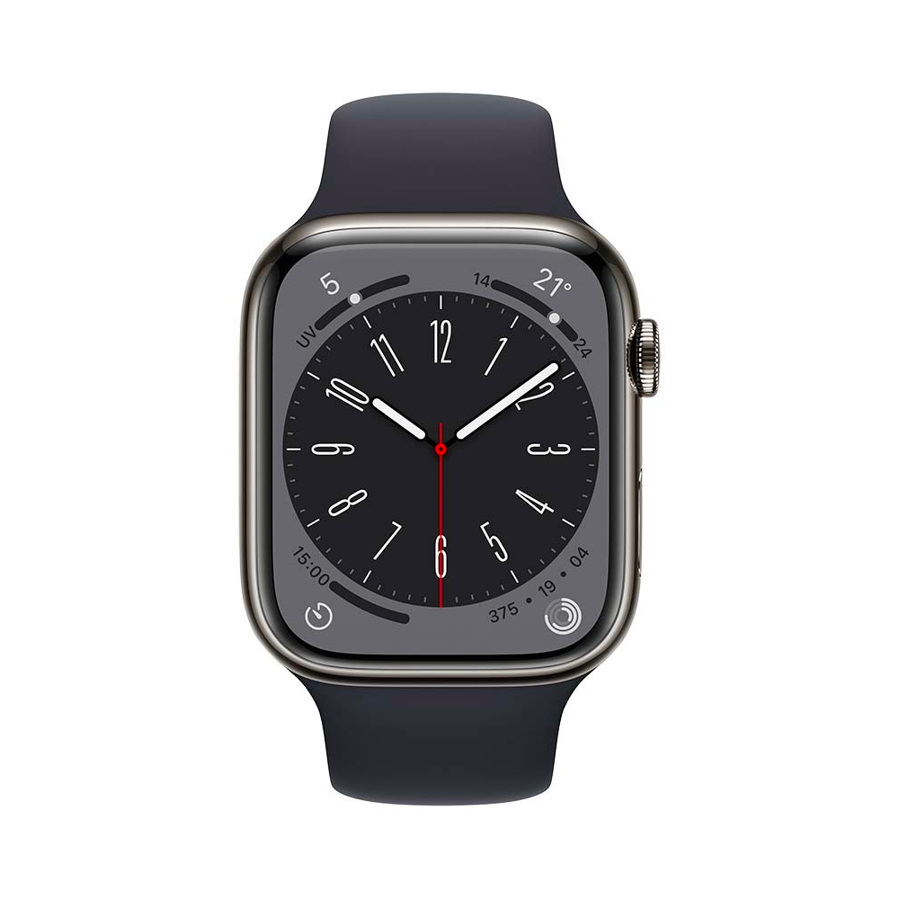 Apple Watch Series 8 (GPS+Cellular, 45mm) - Aço inoxidável Grafite com bracelete desportiva Meia-Noite