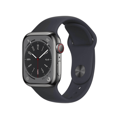 Apple Watch Series 8 (GPS + Cellular, 45 mm) - Acero inoxidable grafito con correa deportiva medianoche