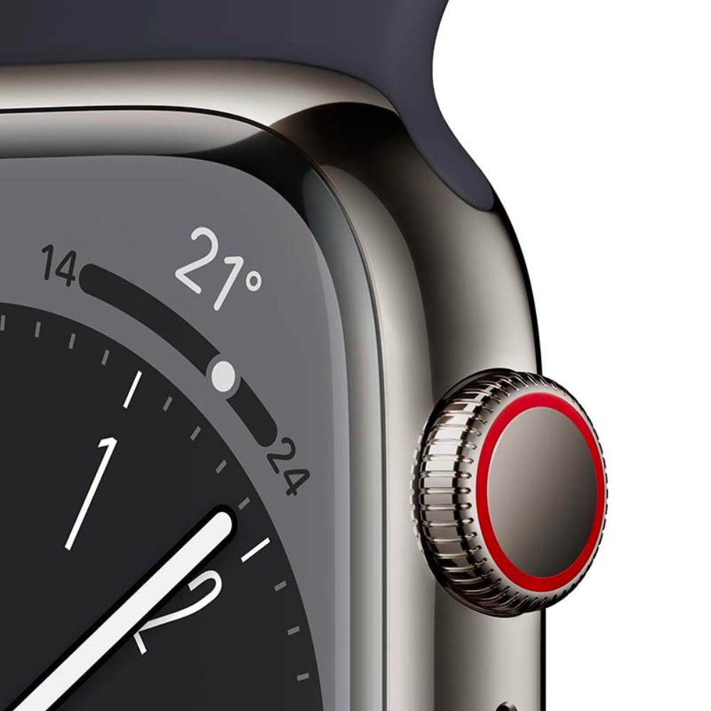 Apple Watch Series 8 (GPS+Cellular, 45 mm) - Acero inoxidable grafito con correa deportiva Midnight