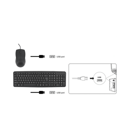 Teclado y ratón portugués con cables USB equipados en negro