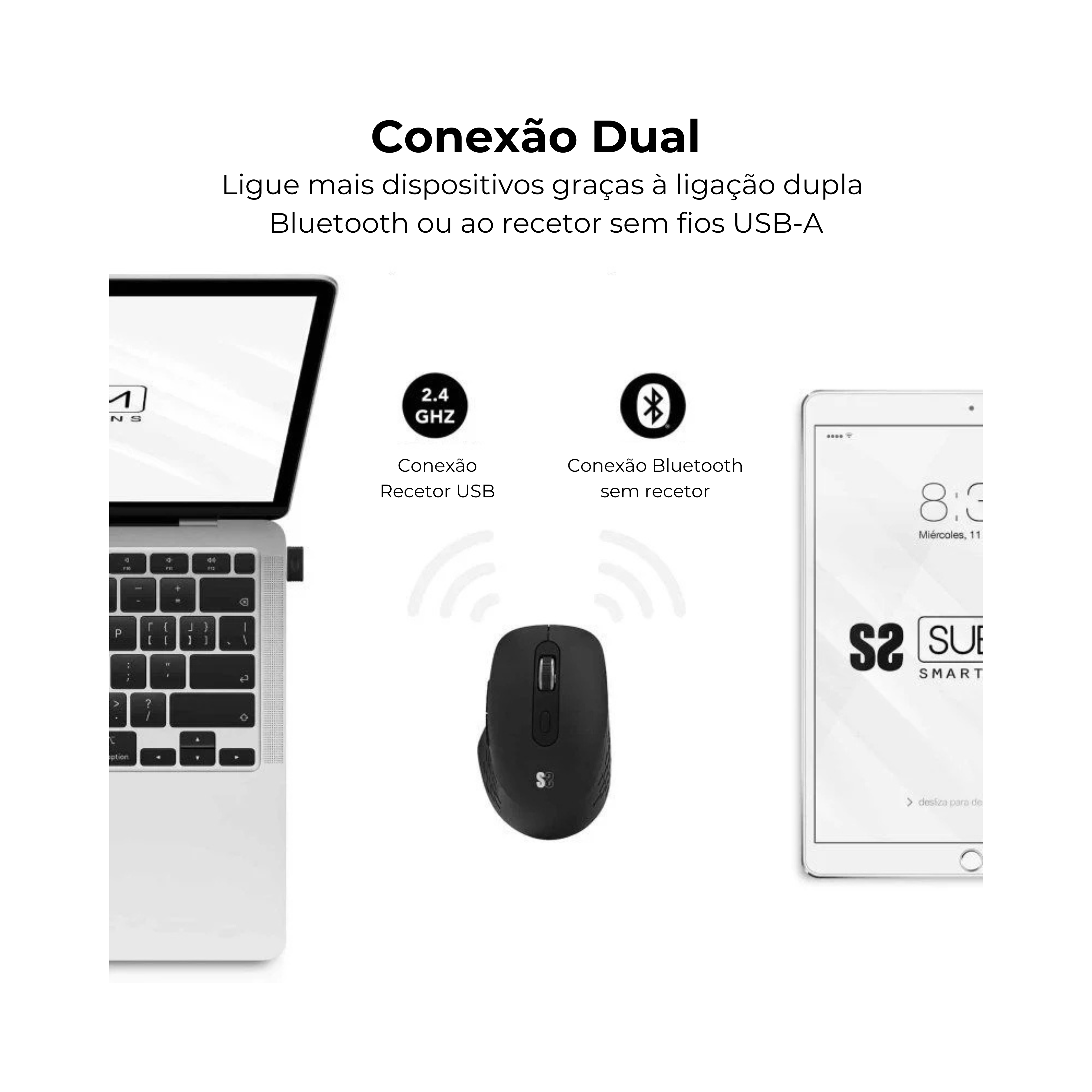 Rato Ergonómico sem fios Subblim Comfort Dual Bluetooth & recetor USB-A 2.4 GHz